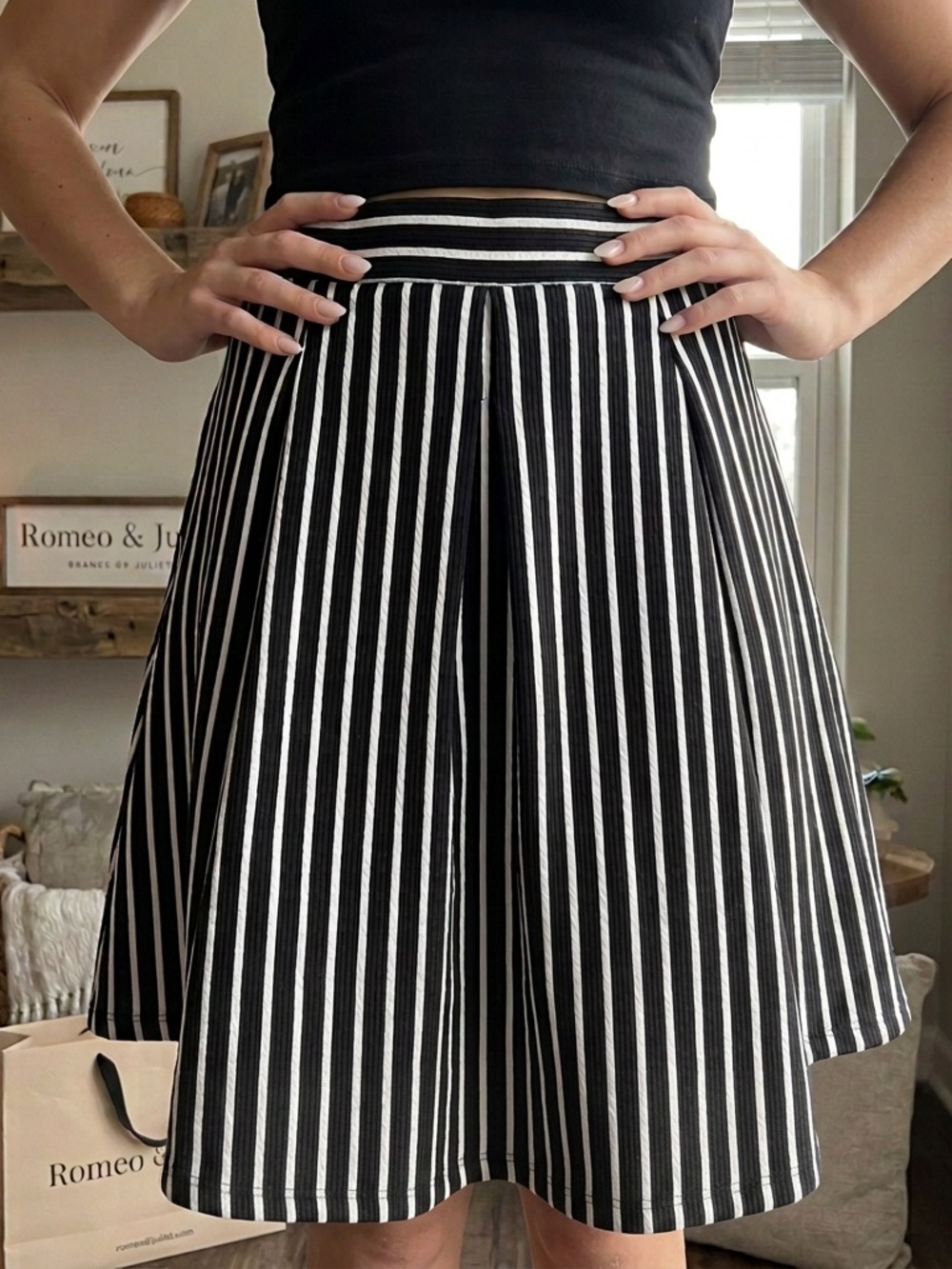Black and White Striped A-Line Skirt